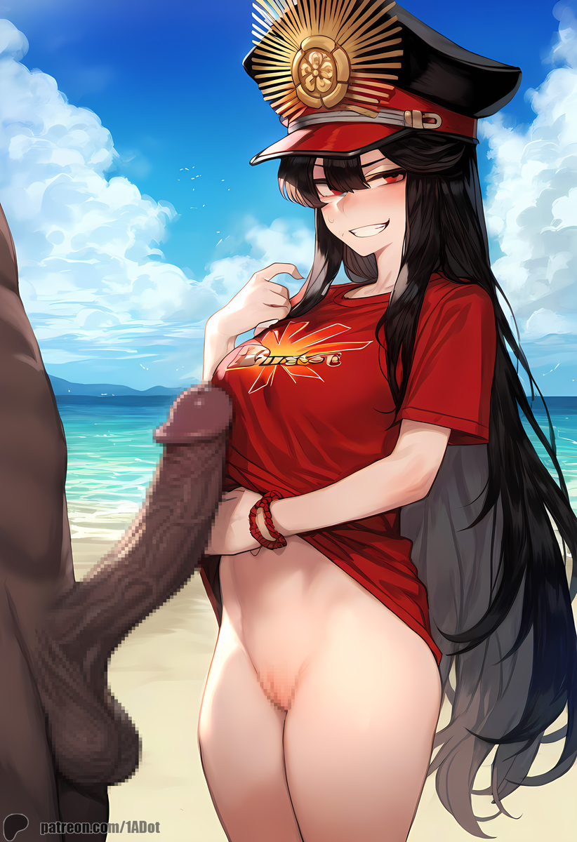 1-a_dot ai_generated black_hair dark-skinned_male fate_(series) hat long_hair oda_nobunaga_(fate) penis shirt_only