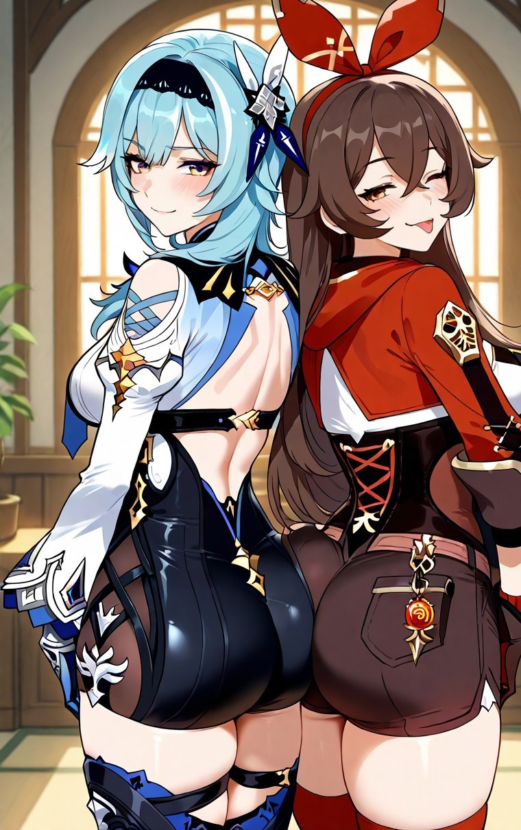 2girls ai_generated amber_(genshin_impact) ass ass-to-ass ass_focus ass_press blush clothing eula_(genshin_impact) genshin_impact huge_ass indoors looking_at_viewer medium_breasts one_eye_closed shiny_skin side_view smile thick_thighs tongue tongue_out