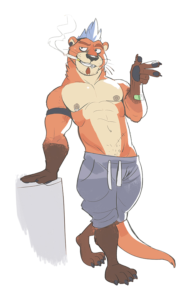 2015 blue_hair cigarette ear_piercing feet furry male muscular nipple_piercing orange_body orange_fur otter shorts solo spookeedoo