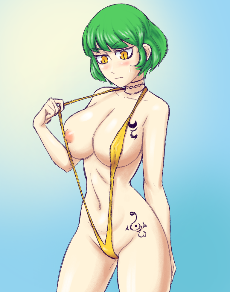 bikini blush breast_tattoo breasts choker female frown green_hair hikage_(senran_kagura) ittla large_breasts looking_down navel nipples one_breast_out senran_kagura short_hair sling_bikini slit_pupils solo strap_pull swimsuit tattoo yellow_eyes