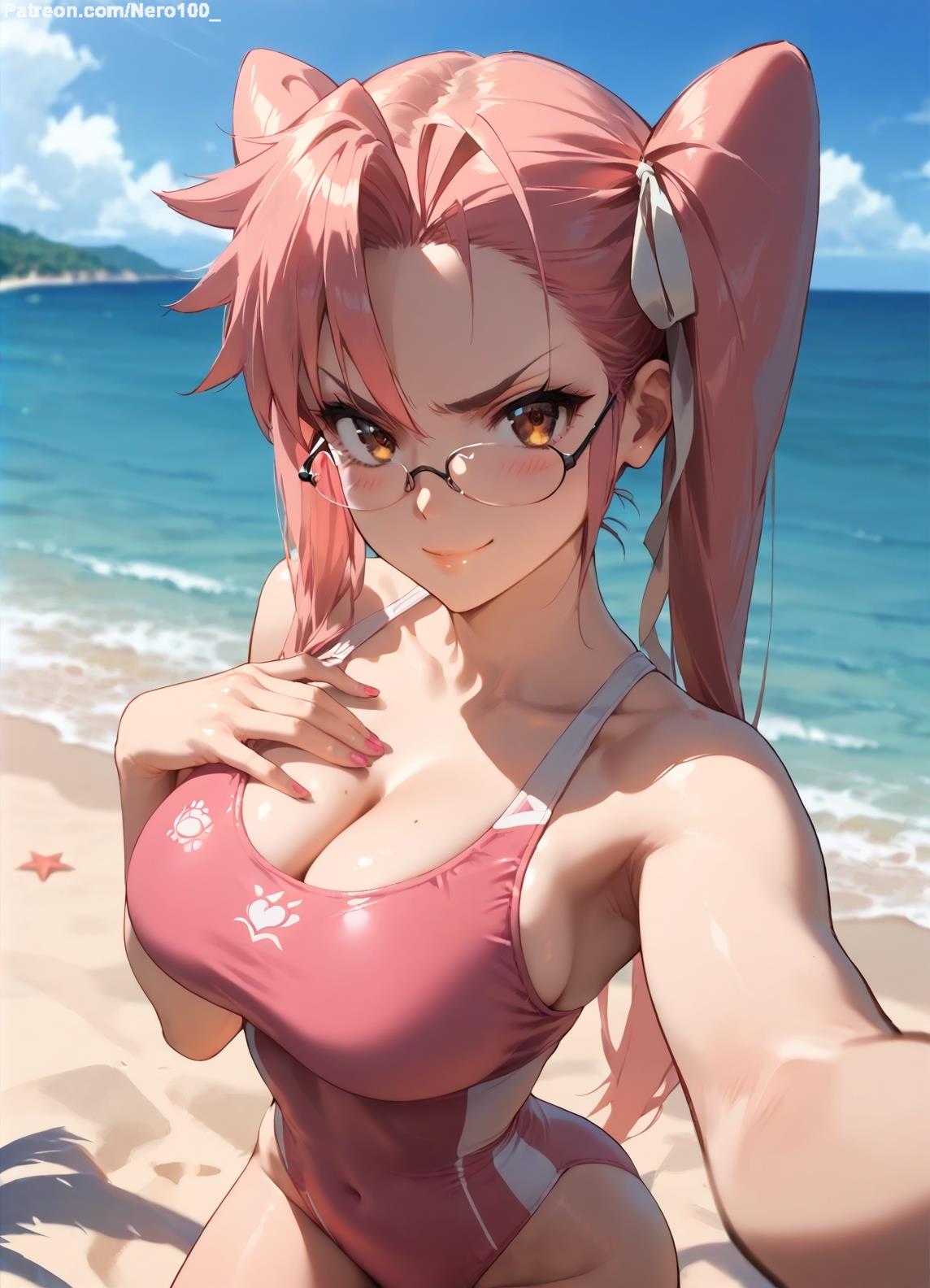 1girls 2d ai_generated ass athletic athletic_female bare_shoulders beach belly big_breasts chest cleavage curvy curvy_figure cute cute_face detailed eyelashes eyeshadow female female_focus female_only fit fit_female focus from_above glasses high-angle_view high_quality highschool_of_the_dead hips huge_breasts large_breasts legs light-skinned_female light_skin lips lipstick looking_at_viewer makeup mascara midriff navel nero100 one-piece_swimsuit orange_eyes outdoors pale-skinned_female pale_skin pink_hair posing sagging_breasts saya_takagi seductive seductive_look selfie stable_diffusion swimsuit swimwear thick_thighs thighs twintails wide_hips yellow_eyes