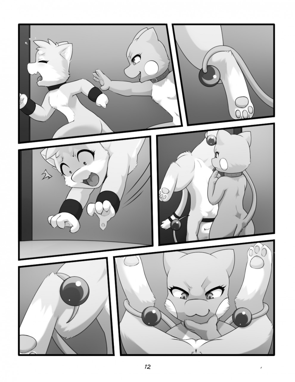 2016 anthro black_and_white blush breasts collar comic darkmirage dragonchu dragonchu_(character) falling fan_character feline female fur greyscale hair hi_res hybrid mammal monochrome nintendo nude open_mouth page_12 pokemon pussy quetzalli_(character) shocked sibling simple_background sis_(fyoshi) sister spread_legs spreading tongue video_games white_fur