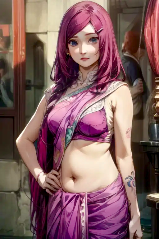 1girls ai_generated harem_outfit light-skinned_female light_skin looking_at_viewer mature_female metal264 red6161 red_hair saree sari