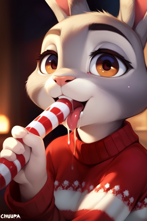 ai_generated anthro breasts bunny bunny_ears bunny_girl bunnygirl candy candy_cane candy_cane_gag candy_cane_in_mouth candy_cane_insertion chest christmas christmas_clothing christmas_sweater diplive7 drool drool_string drooling drooling_tongue female furry judy_hopps licking_candy licking_candy_cane oral oral_penetration orange_eyes peppermint_stick rabbit rabbit_ears rabbit_girl smile smiley_face smiling spit sucking tongue tongue_out ugly_sweater zootopia