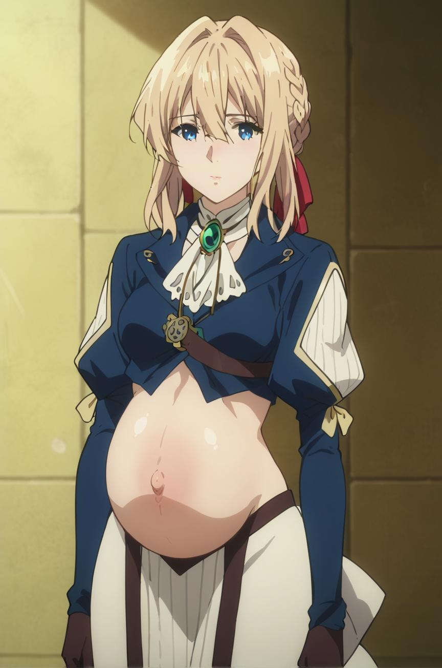 ai_generated bangs blonde_hair blue_eyes blue_jacket braid brooch eyebrows_visible_through_hair female gloves hair_between_eyes hair_ribbon jacket jewelry long_sleeves pregnant red_ribbon ribbon solo violet_evergarden_(character)