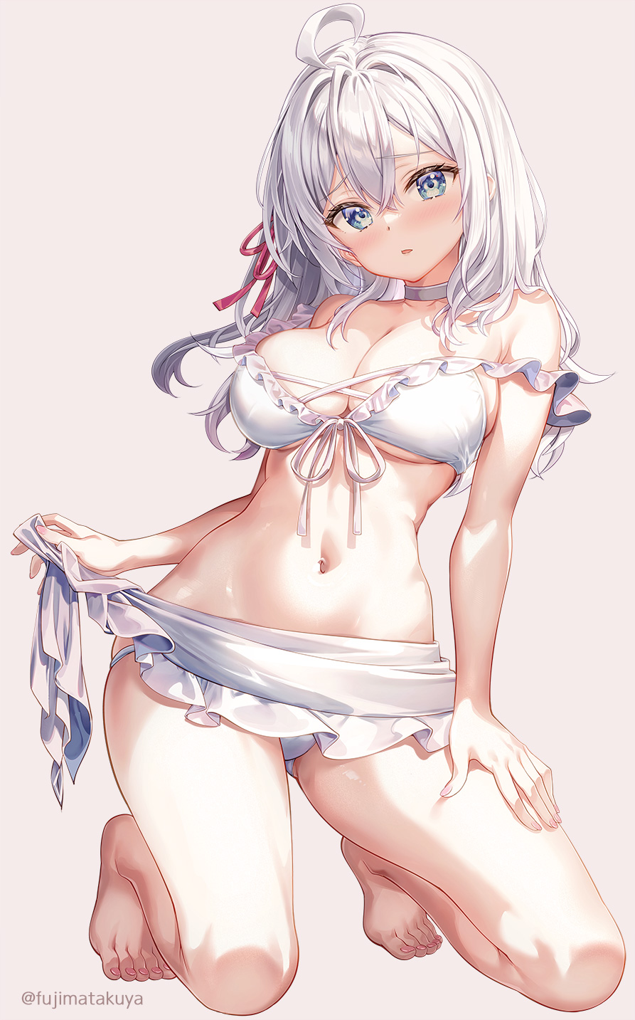 ahoge alisa_mikhailovna_kujou ass_visible_through_thighs bare_arms bare_belly bare_legs bare_shoulders bare_thighs barefoot belly_button big_breasts bikini bikini_skirt blue_eyes blush breasts choker cleavage collarbone feet frilled_bikini fujima_takuya hand_on_own_thigh long_hair nail_polish on_knees parted_lips pink_nails russian sideboob skirt_pull thighs toes tokidoki_bosotto_russian_de_dereru_tonari_no_alya-san white_bikini white_hair