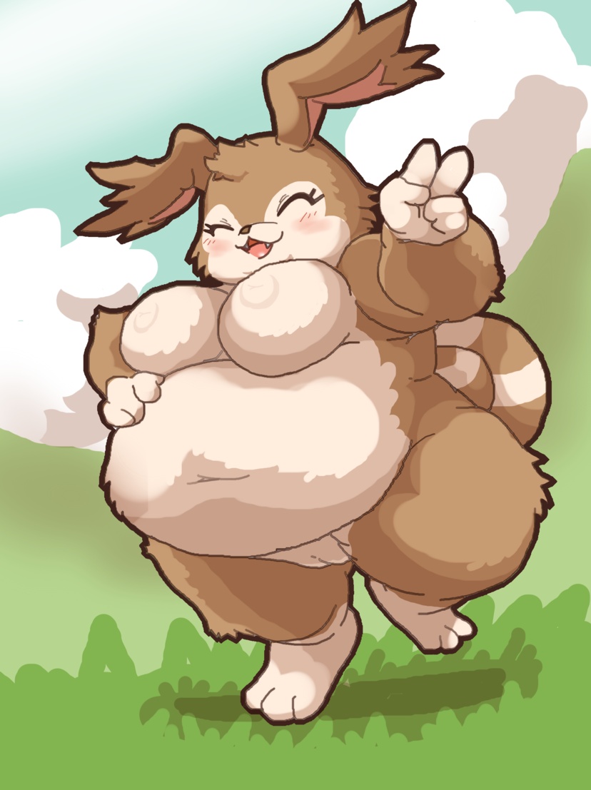 anthro big_breasts big_ears blush breasts chest_tuft closed_eyes cloud fangs female floppy_ears furry grass hand_on_stomach lagomorph mammal niccolo_(tanukimodoki) nikita_(tanukimodoki) obese open_mouth outdoors overweight overweight_female plump_labia pussy sky smile tanukimodoki thick_thighs tongue tuft unknown_species v walking