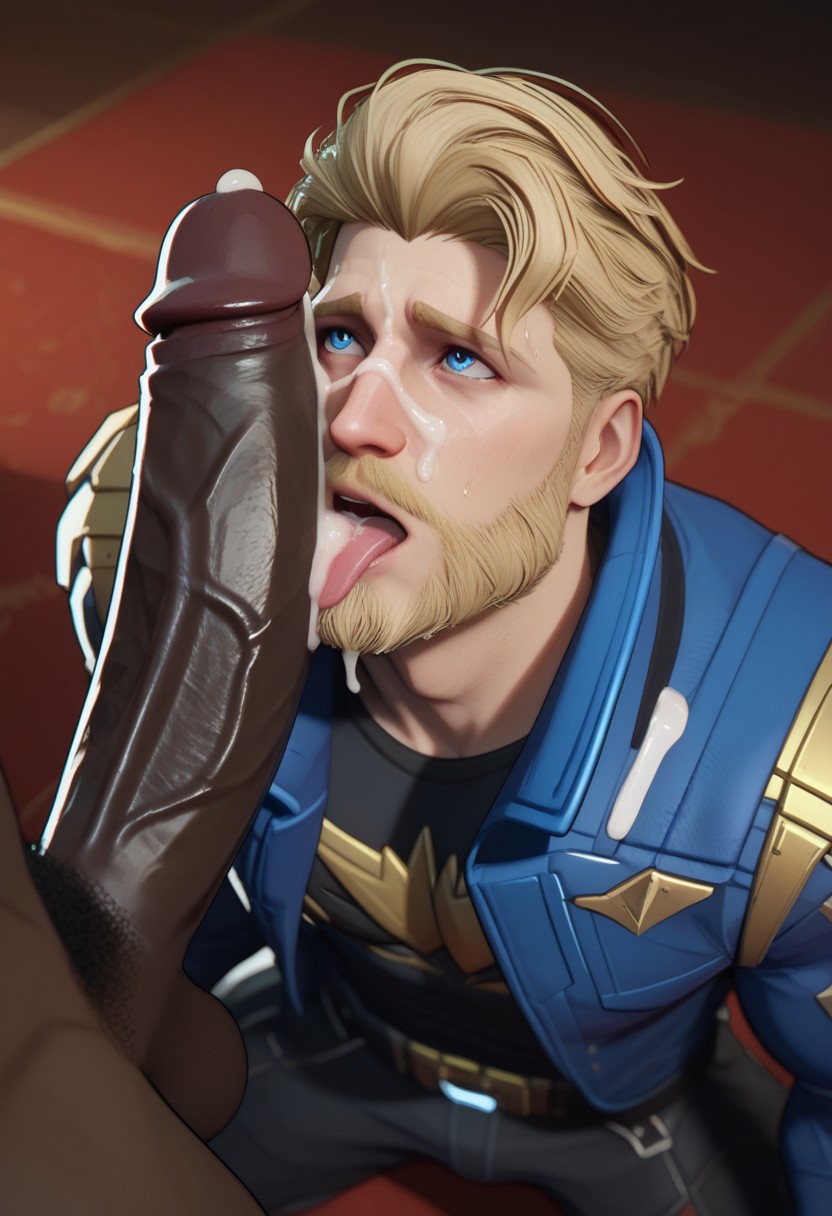 ai_generated bara beard blonde_hair dick_on_face facial gay guardians_of_the_galaxy interracial male_only marvel marvel_rivals peter_quill starlord starlord_(marvel_rivals) superherosuckerrr