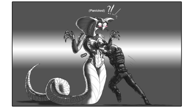 1boy 1girls anthro apode armor azakachi-rd-17_(artist) big_breasts blush breast_grab breasts clothing comic cropped cropped_image draconcopode duo edit edited_image embarrassed english_text exclamation_point female hand_on_breast hi_res human humor legless lol_comments long_tongue male mammal monochrome naga non-mammal_breasts punch question_mark reptile scalie serpentine snake snake_girl snake_hood straight surprise text tongue tsundere unconvincing_armor viper_(species) viper_(x-com) viper_girl x-com xcom_2