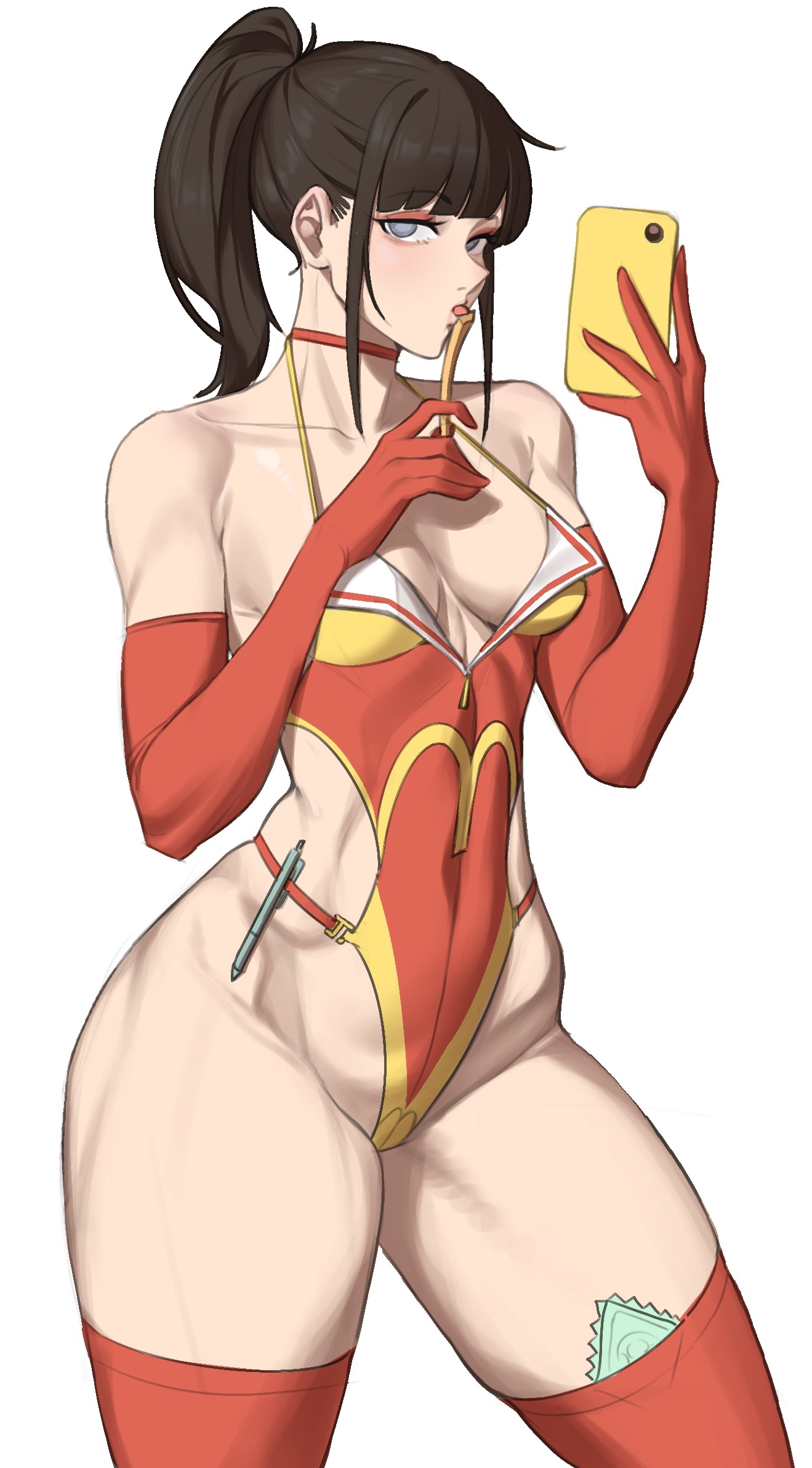 1girls, armwear, breasts, brown hair, cellphone, cloudy rain4, condom wrapper, eyebrows visible through hair, female, female only, girlfriend (japanese mcdonald's commercial), legwear, mcdonald's, phone, ponytail, solo, solo female, thick thighs, thighhighs, white background, wide hips, yoru mac