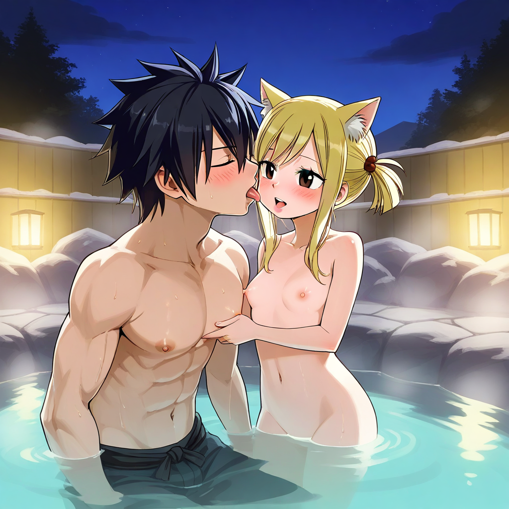 ai_generated cat_ears fairy_tail gray_fullbuster hot_spring hot_springs night original_character petite_female small_breasts