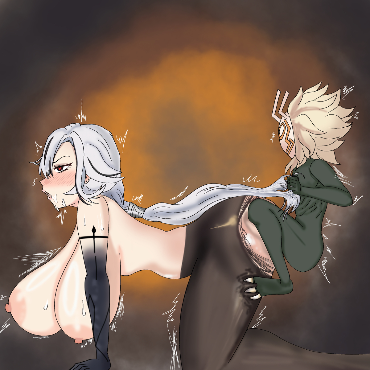 1boy, 1girls, 1monster, all fours, anthro, arlecchino (genshin impact), ass, ass bigger than head, ass up, bouncing breasts, breasts, color, dark-skinned male, doggy style, duo, female, genshin impact, green skin, hilichurls (species), huge breasts, intersex, kagemu0079, light skin, male, monster rape, mounting, penetration, rough sex, sex, sex from behind, small but hung, small dom big sub, smaller male, vaginal penetration, vaginal sex, white hair