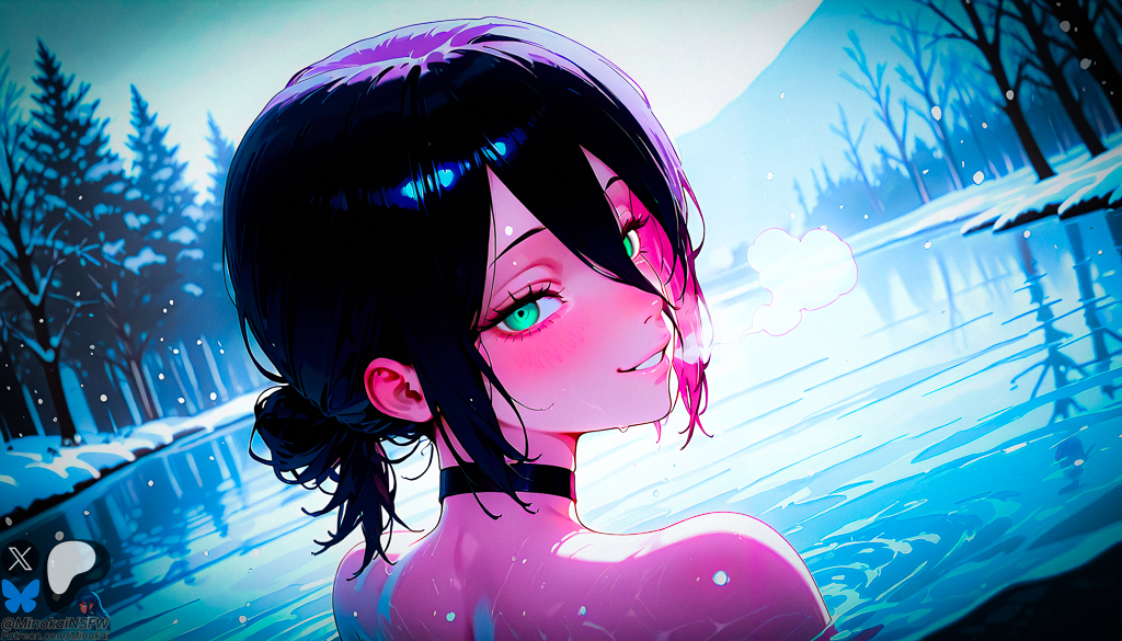 ai_generated black_hair blush chainsaw_man choker female green_eyes hair_between_eyes hotsprings looking_back_at_viewer minokai naked_female reze_(chainsaw_man) self_upload smiling solo_female