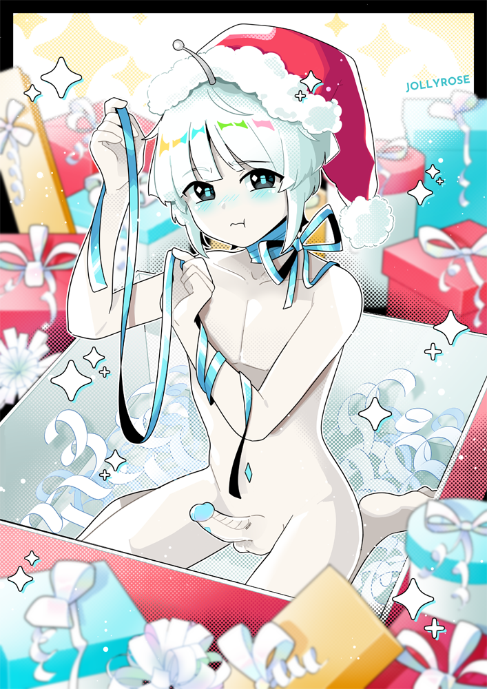 android android_boy antenna balls blue_highlights blue_ribbon blue_tip blush blushing christmas christmas_outfit cock feet femboy femboy_focus femboy_only gay green_highlights jollyrose_(artist) male male_only medium_penis orange_highlights penis pink_highlights pouting presents ribbon robot_boy santa_hat sfw_version_available tagme white_hair white_skin