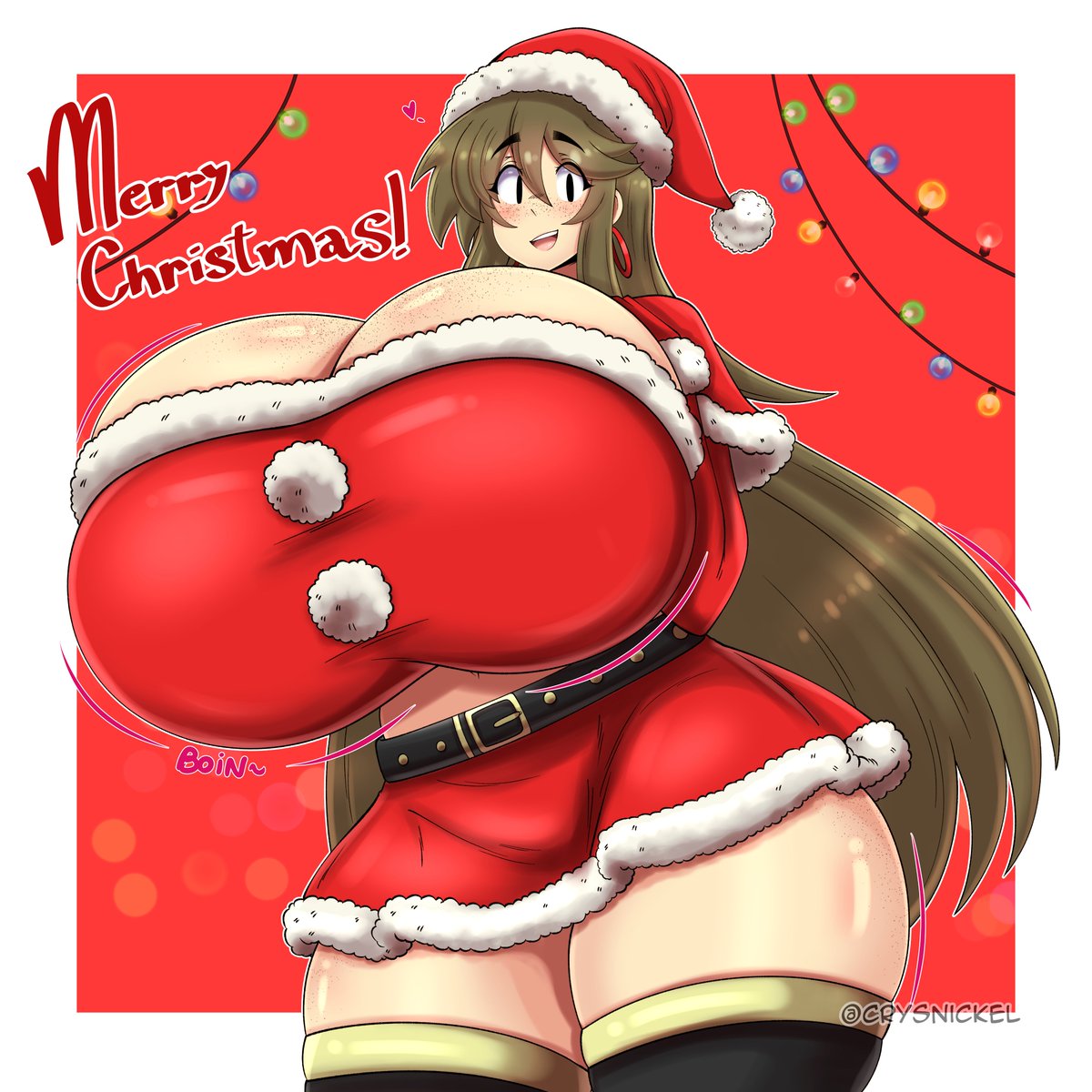 artist_name black_thighhighs blush christmas christmas_outfit crysnickel gigantic_breasts hand_on_breast hyper_breasts looking_at_viewer noeh_(crysnickel) original original_character santa_hat smile thick_thighs thighhighs twitter_username upper_teeth_only wide_hips