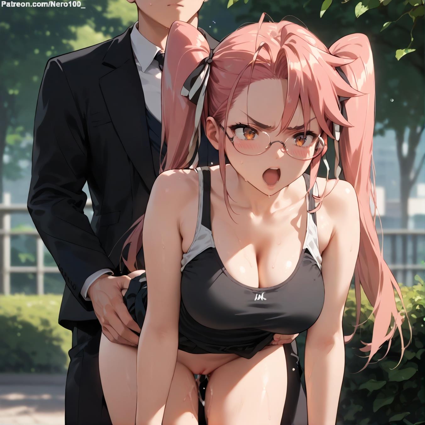 1boy1girl 1girls 2d ai_generated ass athletic athletic_female bare_shoulders belly bent_over big_breasts bottomless chest cleavage curvy curvy_figure cute cute_face detailed eyelashes eyeshadow female female_only fit fit_female focus glasses high_quality highschool_of_the_dead hips huge_breasts large_breasts legs light-skinned_female light_skin lips lipstick looking_at_viewer makeup mascara midriff navel nero100 orange_eyes outdoor_sex outdoors pale-skinned_female pale_skin pink_hair posing public public_sex sagging_breasts saya_takagi seductive seductive_look sex sex_from_behind stable_diffusion standing_doggy_style standing_sex tagme tank_top tanktop thick_thighs thighs twintails wide_hips yellow_eyes