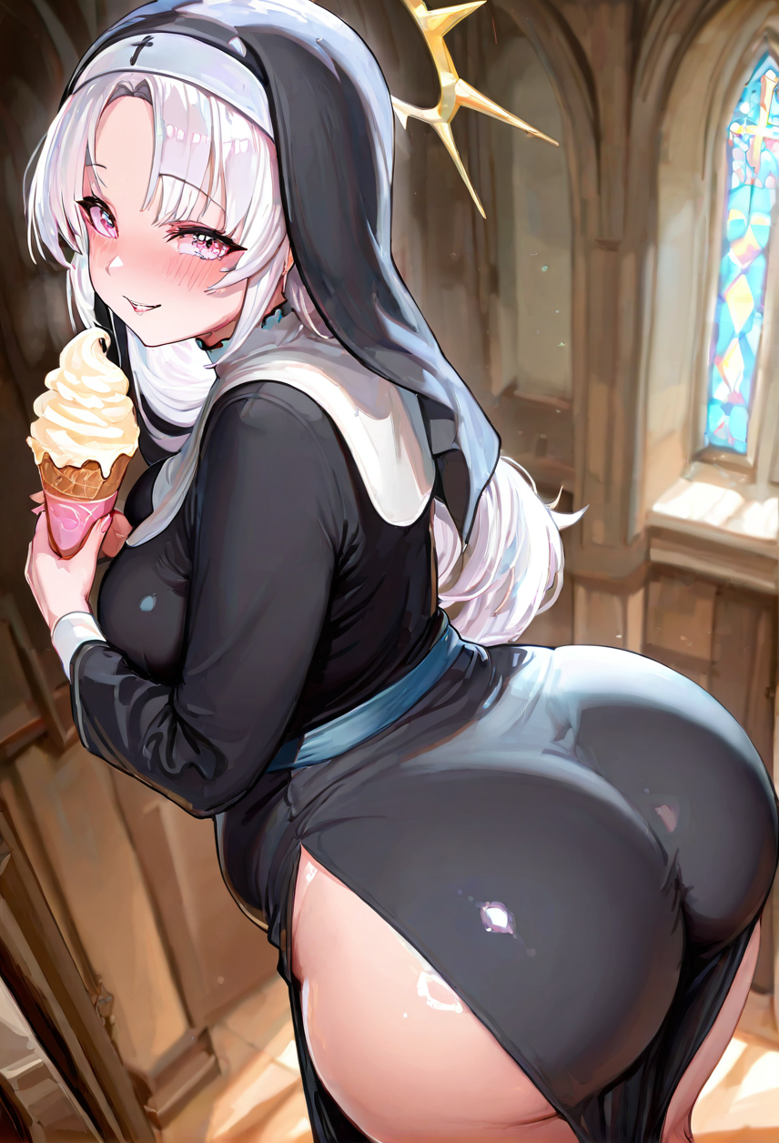 absurd_res ai_generated anime ass back bare_thighs big_hips big_thighs blurry blurry_background blush breasts chapel chubby chubby_belly church colorful_eyes female fingernails halo ice_cream indoors large_breasts long_hair looking_at_viewer looking_up parted_lips pink_eyes pink_halo rainbow_eyes sash shiny smile solo solo_female white_hair