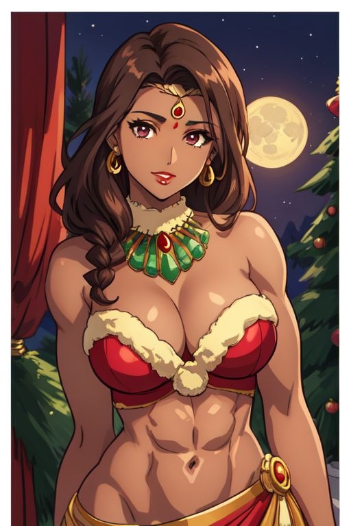 1girls ai_generated brown_hair christmas christmas_outfit dark-skinned_female dark_skin indian indian_clothes indian_female jewelry necklace santa_costume saree sari solo solo_female