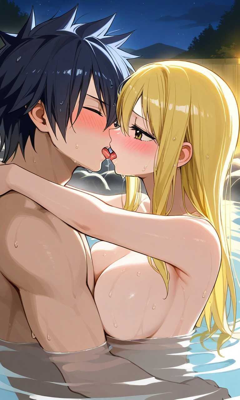 ai_generated fairy_tail french_kiss gray_fullbuster hot_springs kissing lucy_heartfilia pixai tagme wholesome wholesome_sex