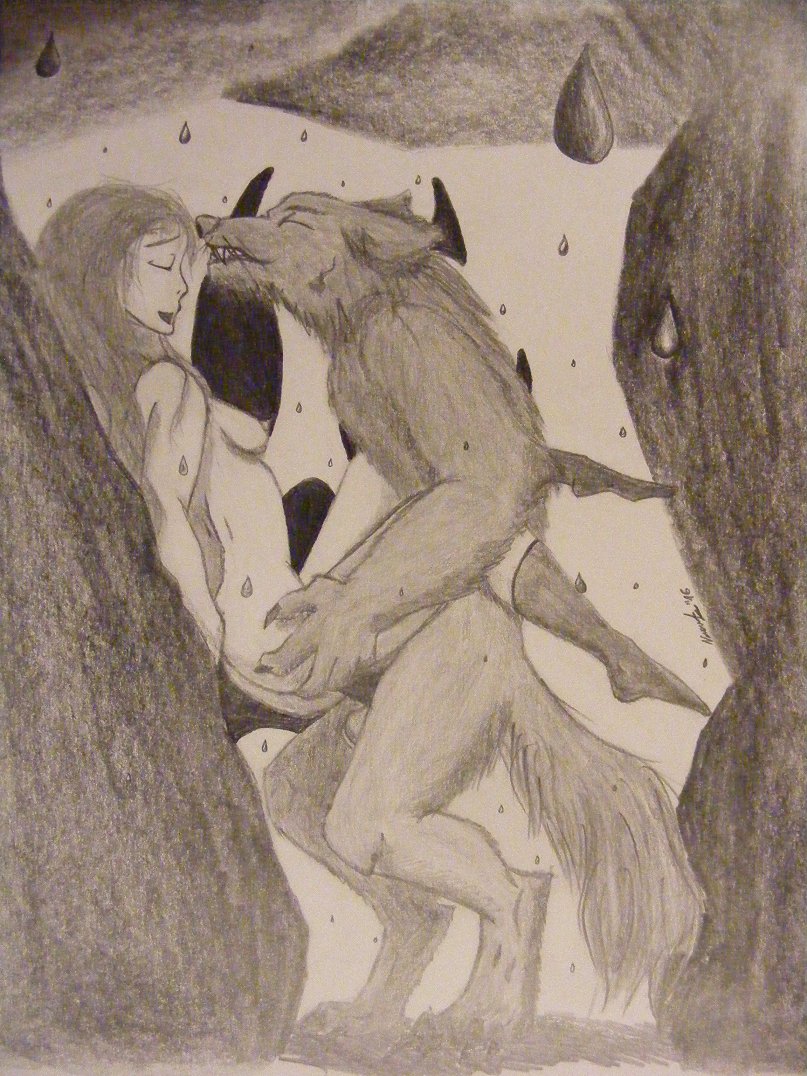 against_wall anthro canine cave closed_eyes clothes female fur furry greyscale hair human interspecies legwear love male mammal monochrome nergal.bragi nude pawprint paws pencil_(artwork) penetration penis sex smile stockings straight symbol traditional_media_(artwork) vaginal_penetration water were werewolf wolf