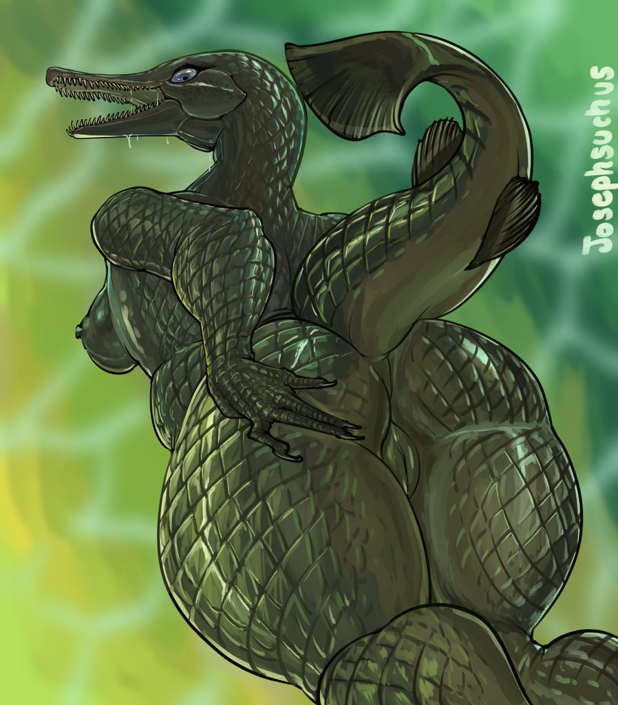 alligator_gar anthro areola ass breasts female fingers fins fish furry gar_(fish) genitals green_body josephsuchus nipples non-mammal_breasts nude pussy reptile scales scalie solo tail teeth thick_thighs