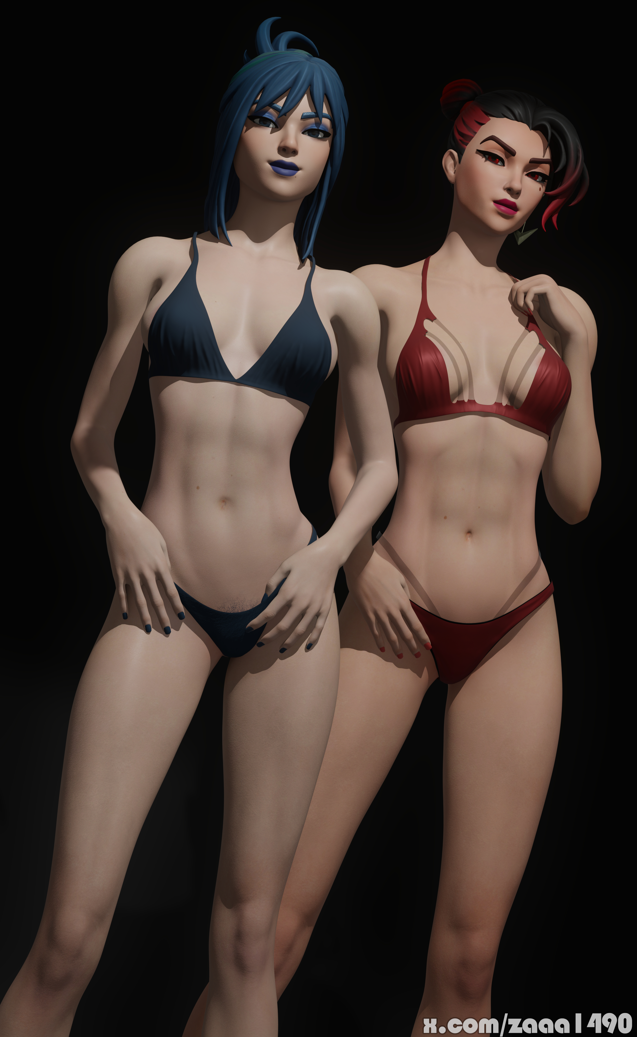 2girls, 3d, blender, blue hair, bra, female, female only, female with female, female/female, fortnite, fortnite: battle royale, hope (fortnite), lingerie, looking at viewer, painted nails, panties, posing, posing for the viewer, red hair, standing, underwear, valeria (fortnite), zaaa1490