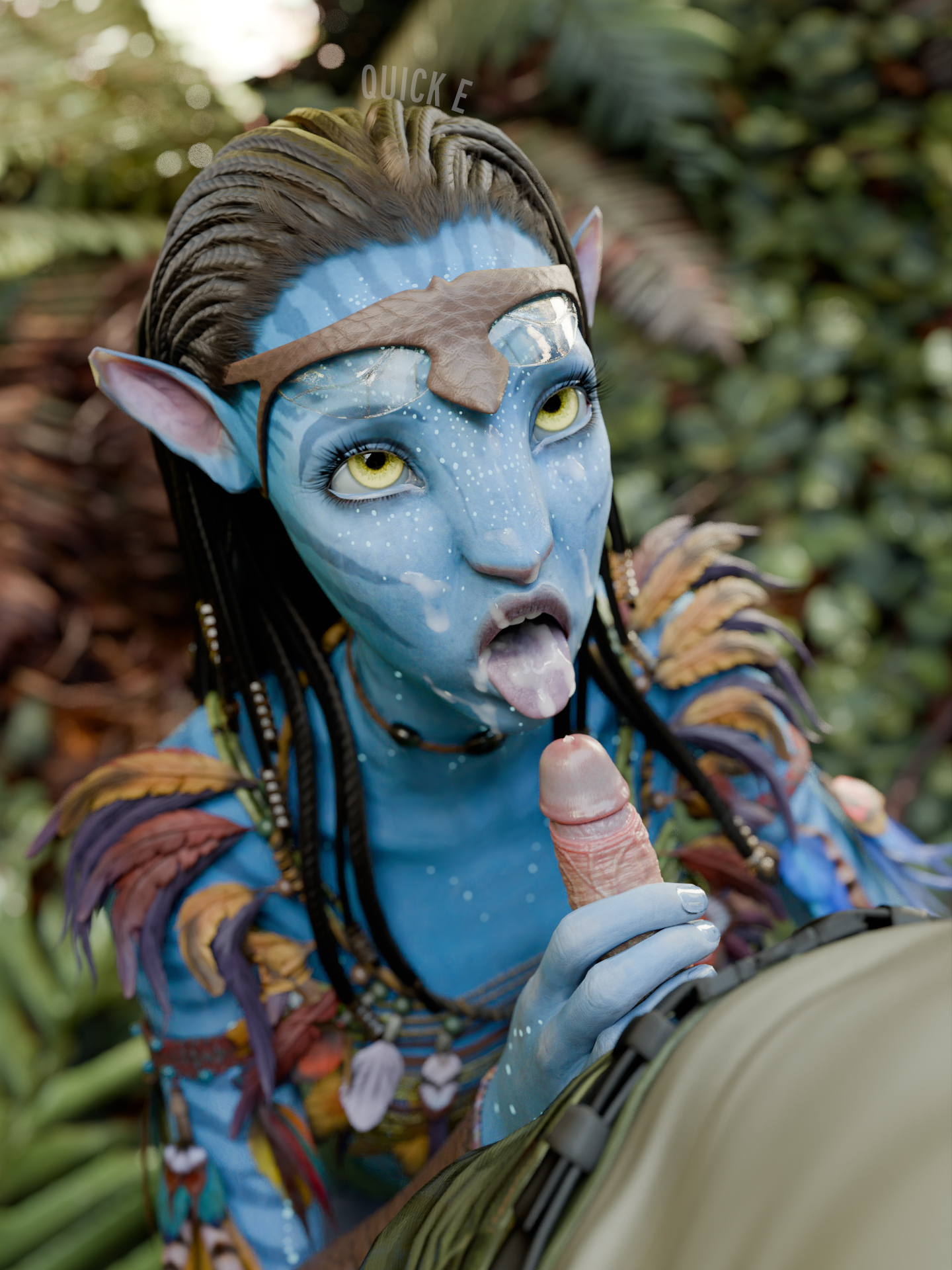 3d, 3d (artwork), alien, alien girl, alien humanoid, alien/human, avatar, blowjob, cum, cum in mouth, cum on face, cumshot, female, high resolution, highres, human, human is better, interspecies, male, na'vi, neytiri, open mouth, partial male, quick e, tongue, tongue out, yellow eyes