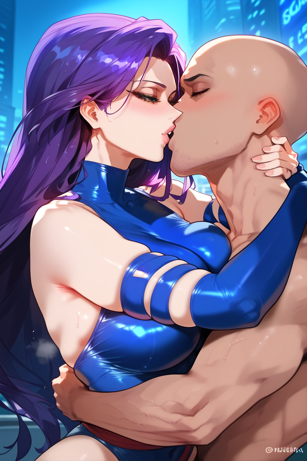 1boy 1girls 2d ai_generated blue_leotard elbow_gloves kissing leotard long_hair marvel night outdoors psylocke purple_hair tagme thighhighs x-men