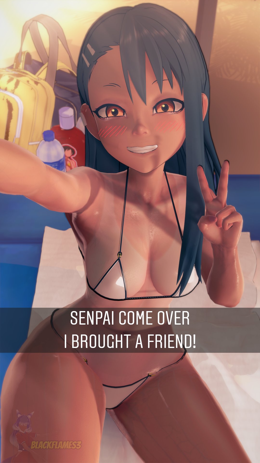 1girls 3d 3d_(artwork) areolae ass ass_visible_through_thighs athletic athletic_female beach beach_towel bikini black_hair blackflames3 blush breasts brown_hair cheating cheating_girlfriend clitoris cuckold cuckolding dialogue female female_focus female_only hayase_nagatoro imminent_cuckold labia long_hair navel netorare nipples ntr outdoors outside please_don't_bully_me,_nagatoro pussy seaside seductive seductive_eyes seductive_look seductive_smile sitting small_breasts spread_legs sweat sweatdrop sweating sweaty sweaty_body tagme tan tan-skinned_female tan_body tan_skin tanline tease teasing text