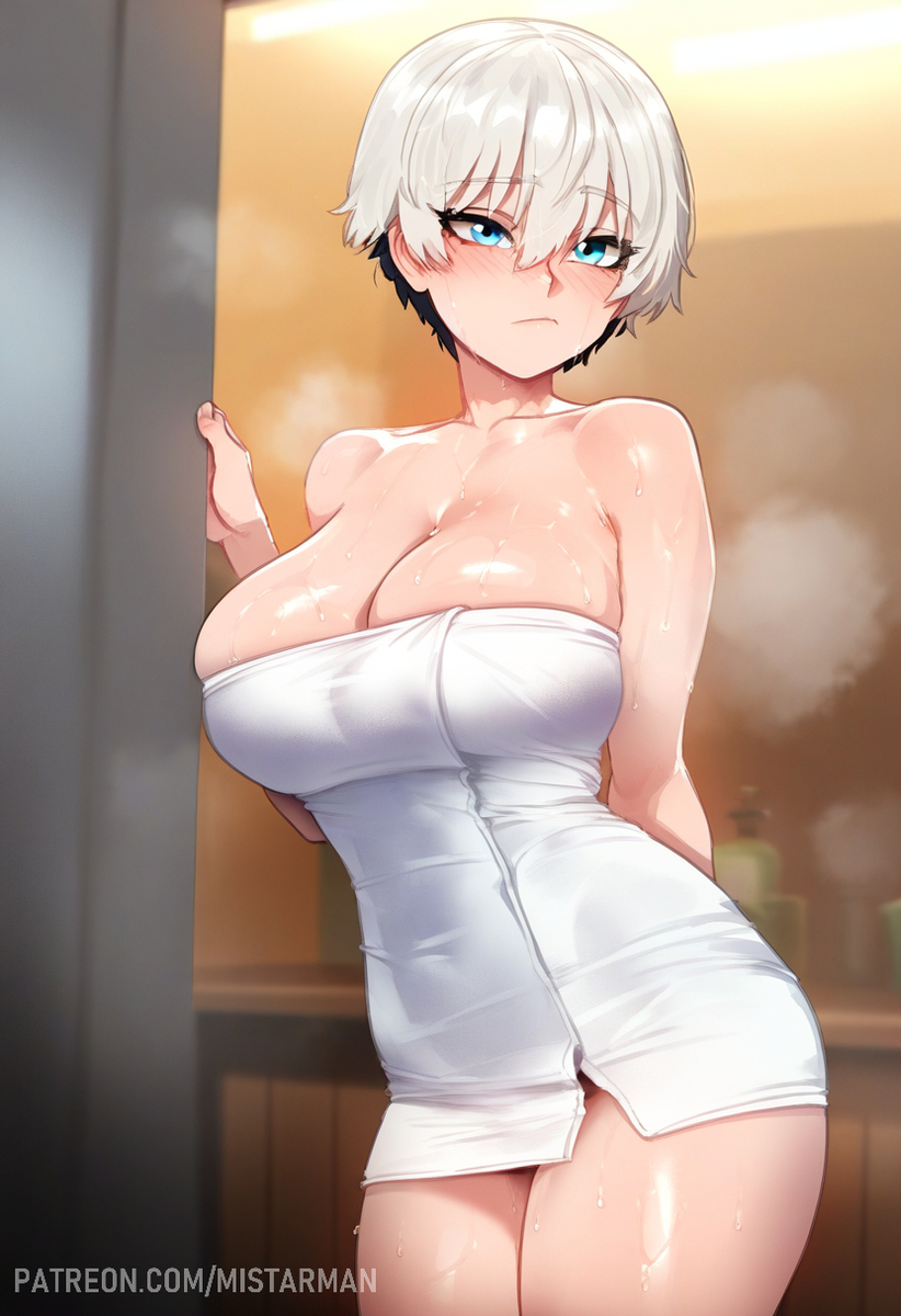 1girls ai_generated bare_arms bare_legs bare_shoulders bare_thighs big_breasts blue_eyes blush clothed clothing color female female_focus female_only hi_res large_breasts light-skinned_female light_skin looking_at_viewer mistarman sauna short_hair solo solo_female sweat tagme thick_thighs towel uzaki-chan_wa_asobitai! uzaki_hana white_hair