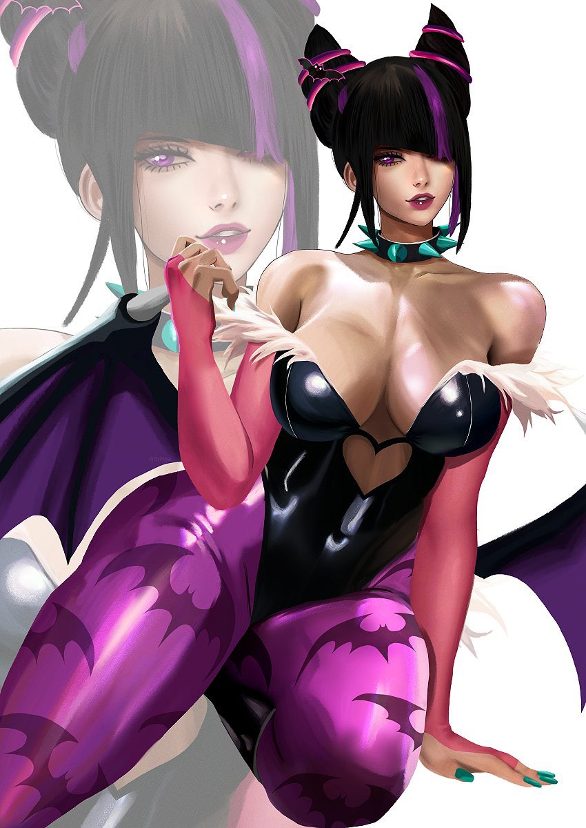 1girls 2023 abs bat_print big_breasts black_hair bridal_gauntlets capcom cosplay darkstalkers female female_only hair_horns juri_han kittymiya leotard looking_at_viewer morrigan_aensland_(cosplay) navel pantyhose pov purple_eyes purple_highlights purple_pantyhose short_hair spiked_collar street_fighter street_fighter_6 succubus_wings thick_thighs wings