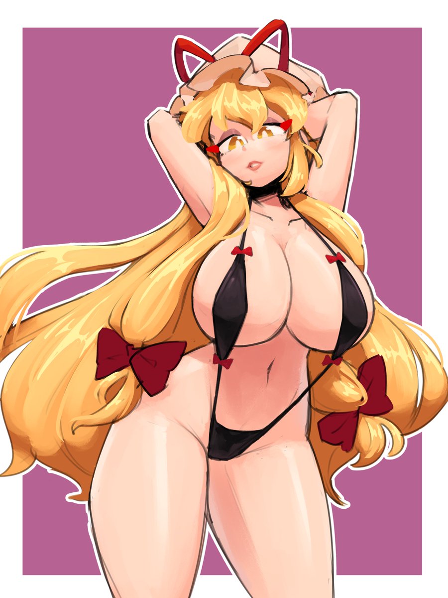 1girls aronnecroman big_breasts bikini blonde_hair border hands hands_behind_head hat light-skinned_female lipstick long_hair mature_female portrait sling_bikini solo solo_female thick_thighs thighs touhou yellow_eyes yukari's_gap_bikini_(meme) yukari_yakumo