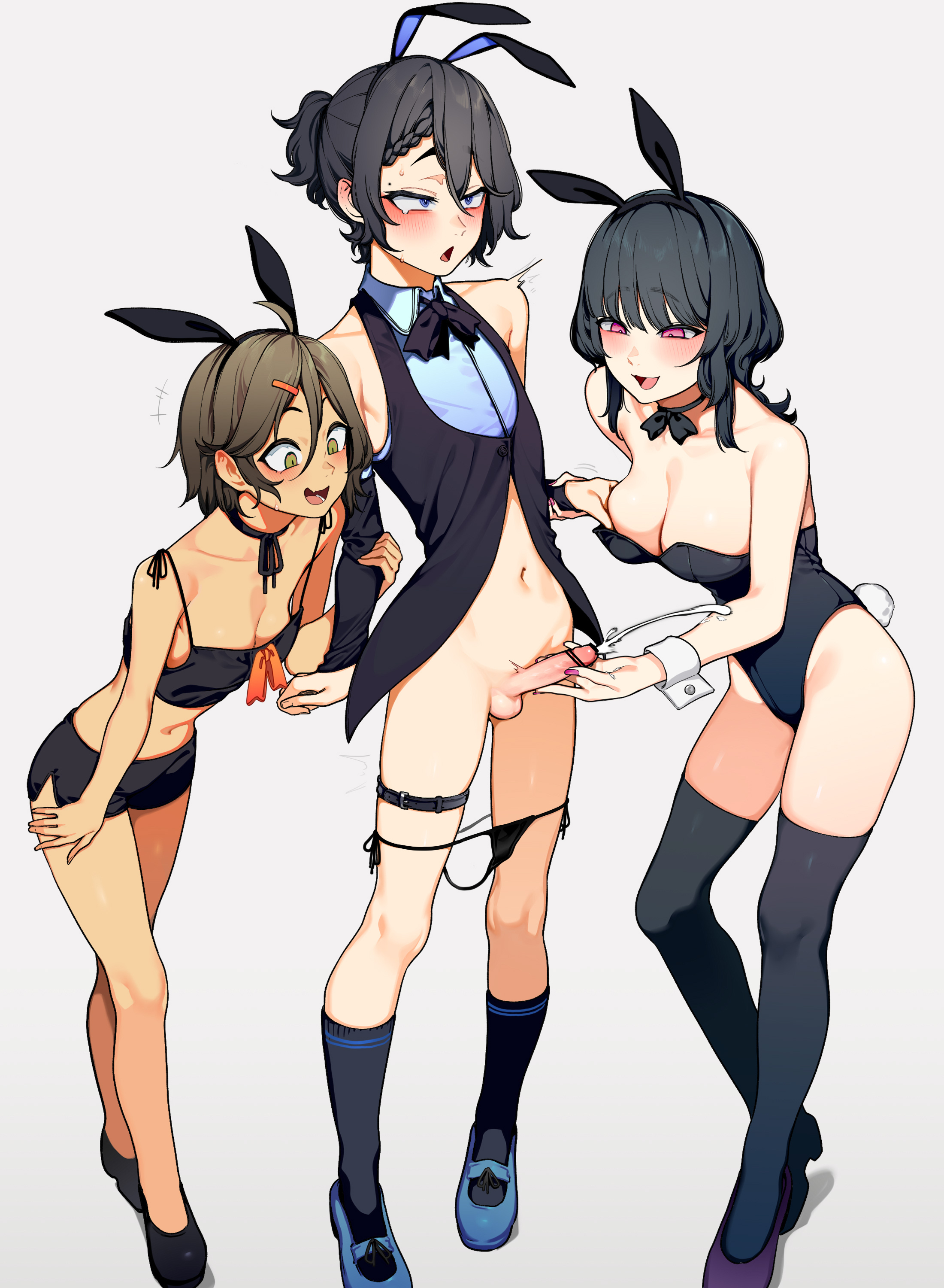 1boy, 2girls, balls, blue nails, breasts, bunny ears, bunny tail, cum, dark skin, dark-skinned female, ejaculation, female, female on femboy, female pervert, femboy, femdom, grabbing, hairclip, kusi zaki, leggings, looking at another, looking at penis, male, masturbation, panties, panties around leg, penis, premature ejaculation, semen, short shorts, small penis, surprised, testicles, trap