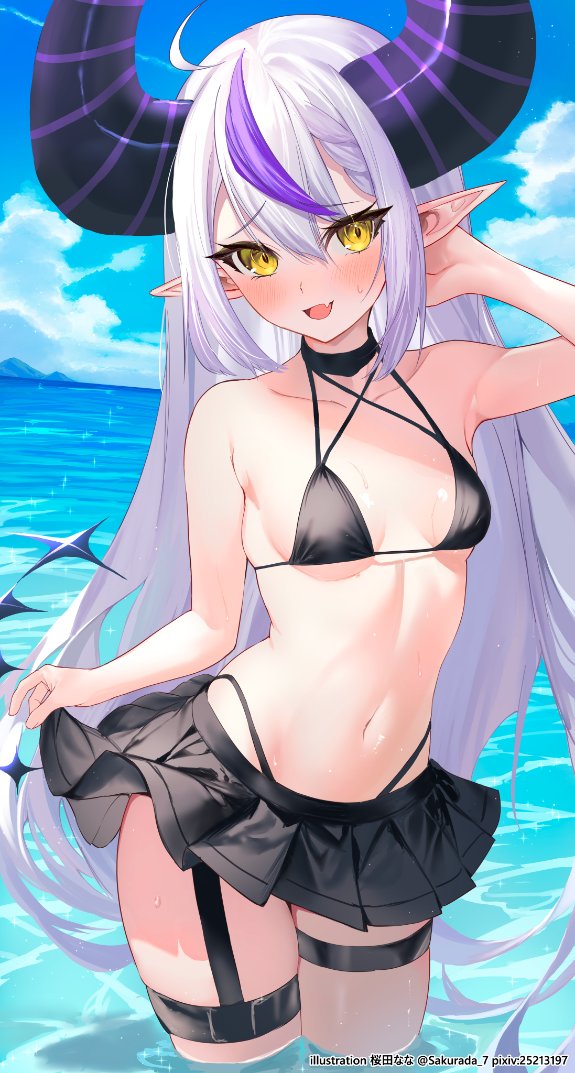 1girls 2d 2d_artwork alternate_costume belly_button bikini bikini_bottom bikini_top black_bikini black_bikini_bottom black_bikini_top black_miniskirt black_swimsuit bra clouds day female female_focus female_only front_view hololive holox horns la+_darknesss light-skinned_female light_skin long_hair looking_at_viewer miniskirt navel ocean outdoors petite petite_body petite_female pointy_ears purple_hair revealing_clothes revealing_swimsuit sakurada sakurada_7 sky slim_girl small_breasts smiling smiling_at_viewer solo solo_female solo_focus standing standing_in_water summer swimsuit thong thong_bikini two_piece_swimsuit two_tone_hair virtual_youtuber vtuber vtuberfanart water white_hair yellow_eyes young younger_female