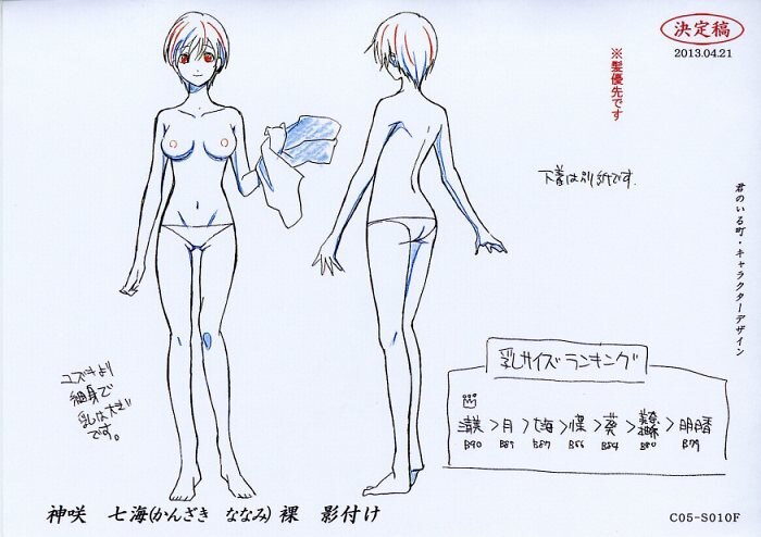 barefoot breasts closed_mouth concept_art female front_and_back hip_bones holding holding_towel kanzaki_nanami kimi_no_iru_machi light_smile monochrome navel nipples non-web_source notes open_hands panties production_art short_hair tagme towel underwear