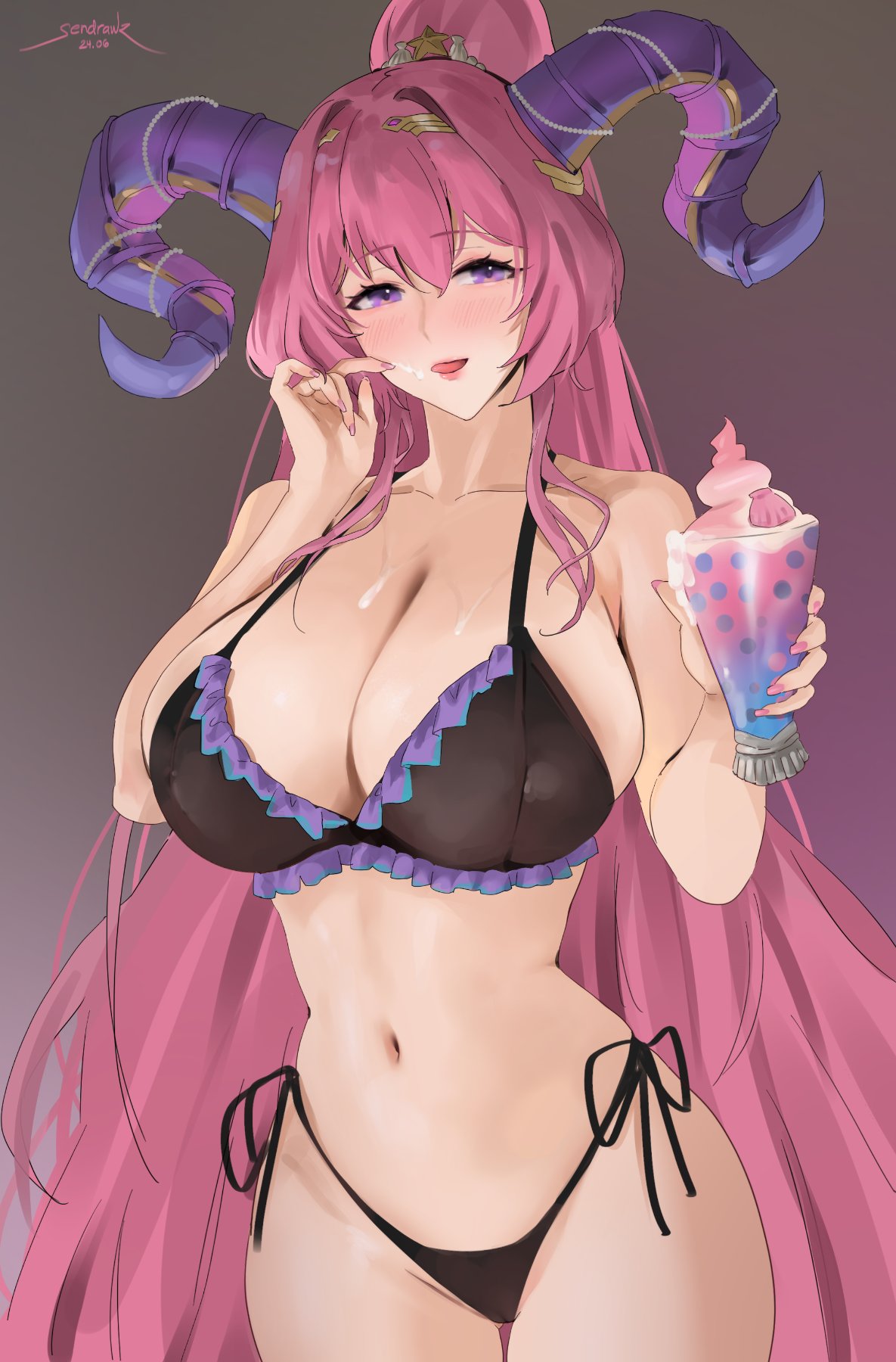 1girls alternate_costume bikini black_bikini black_swimsuit blush breasts cleavage curled_horns female female female_only fire_emblem fire_emblem_heroes goat_horns hair_ornament highres horns large_breasts long_hair looking_at_viewer mature_female multicolored_hair navel nerthuz_(fire_emblem) nerthuz_(summer)_(fire_emblem) nintendo official_alternate_costume pink_hair ponytail purple_eyes sendo_(sendrawz) sendrawz smile solo swimsuit two-tone_hair very_long_hair