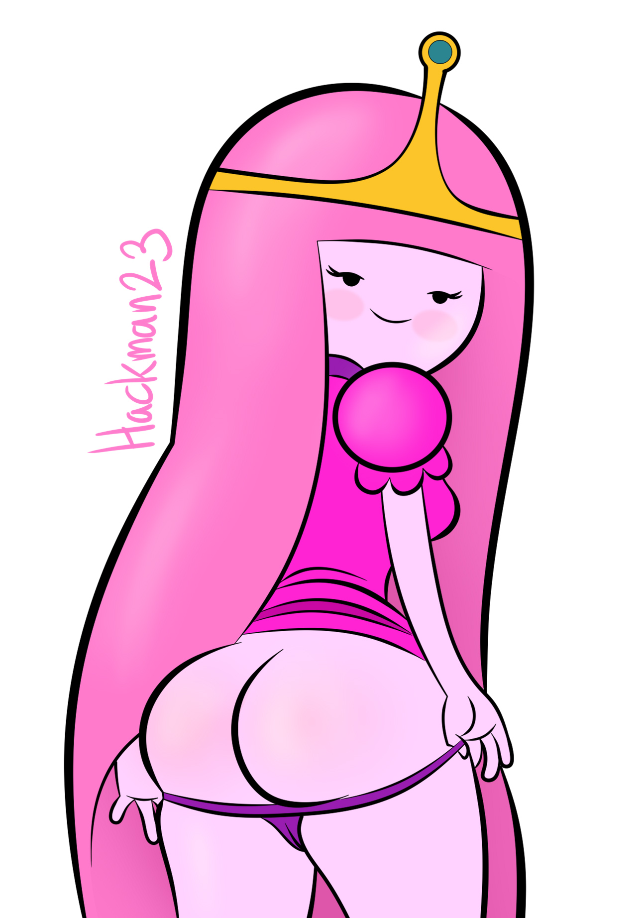 1girls, accurate art style, adventure time, ass, big ass, big butt, blush, cartoon network, crown, female, female only, hackman, hackman23, looking at viewer, looking back, mooning, panties, panties down, pink body, pink clothes, pink clothing, pink hair, pink skin, princess, princess bubblegum, purple panties, seductive eyes, seductive look, seductive smile, signature, thick thighs, white background