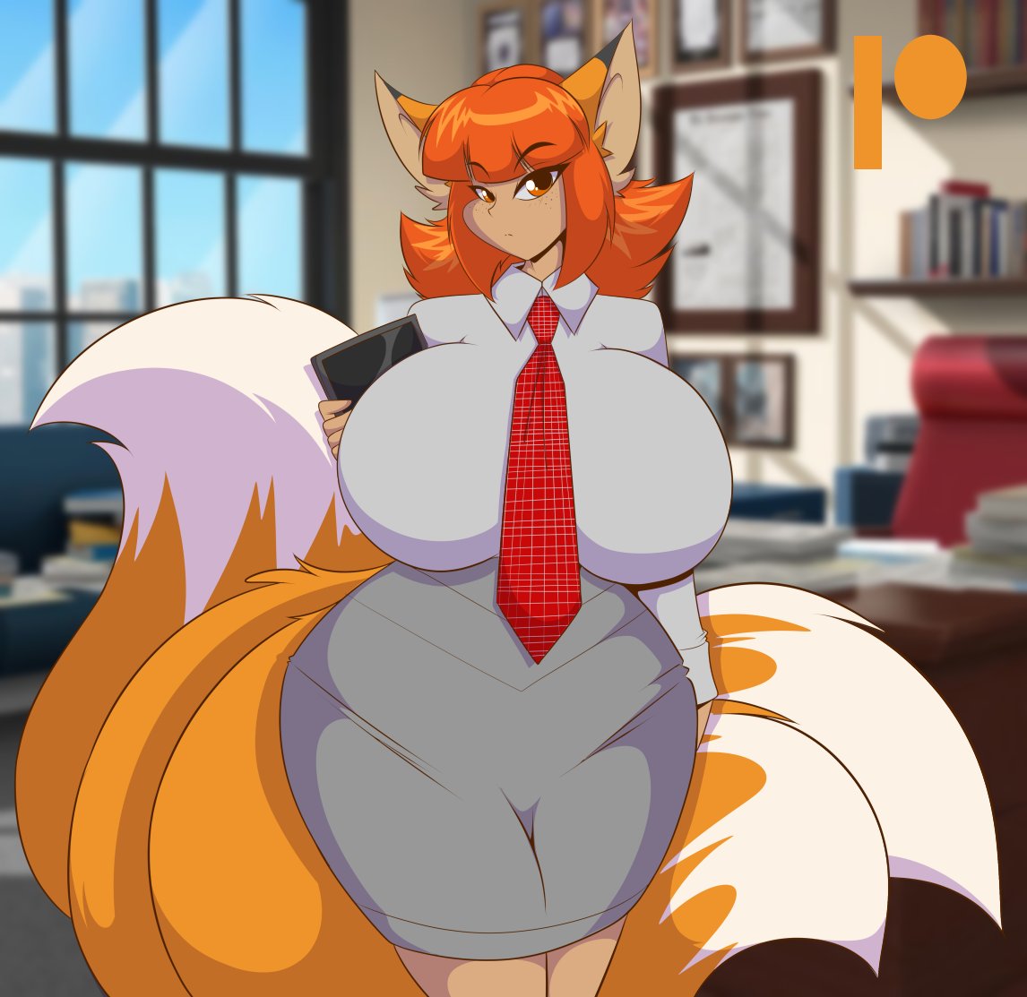 assistant big_breasts chikako_(luhyzi) city fox foxgirl freckles hanyou human hybrid kitsune luhyzi mastergodai multiple_tails ninja office red_hair secretary skirt stoic suit tablet tie tight_clothing voluptuous wide_hips yokai