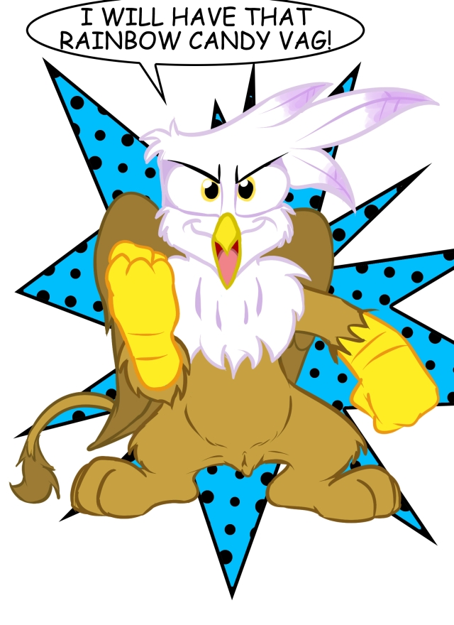 abstract_background avian brown_fur english_text feathered_wings feathers female feral friendship_is_magic fur gilda_(mlp) glenn gryphon my_little_pony pussy simple_background solo text white_feathers wings yellow_eyes