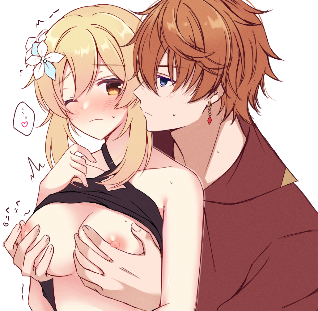 1boy black_shirt blonde_hair blue_eyes blush breasts closed_mouth clothes_lift earrings female flower genshin_impact hair_between_eyes hair_flower hair_ornament jewelry long_hair lumine_(genshin_impact) medium_breasts nipples one_eye_closed open_clothes open_shirt orange_hair red_shirt sex shirt shirt_lift short_hair short_hair_with_long_locks single_earring sk_99xx tartaglia_(genshin_impact) white_flower yellow_eyes