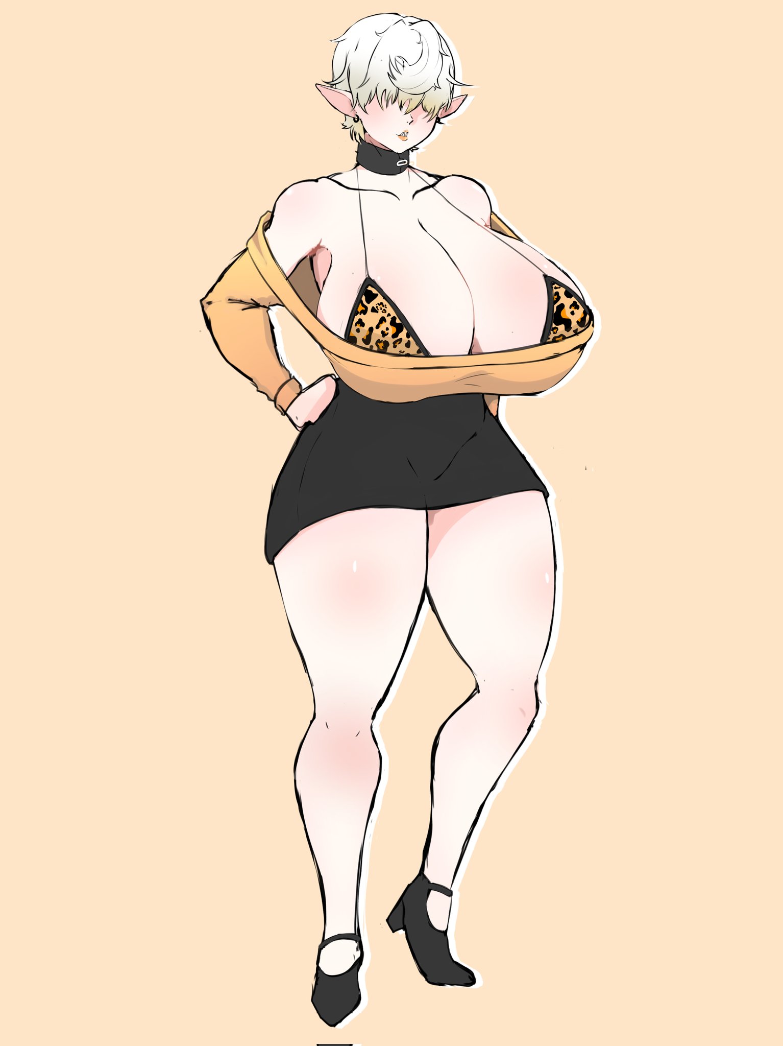 1girls, big breasts, bikini, breasts, busty, curvaceous, curvy, curvy body, curvy female, curvy figure, female, huge breasts, large breasts, leopard print, original, original character, pointy ears, shinhyunxi, short hair, voluptuous