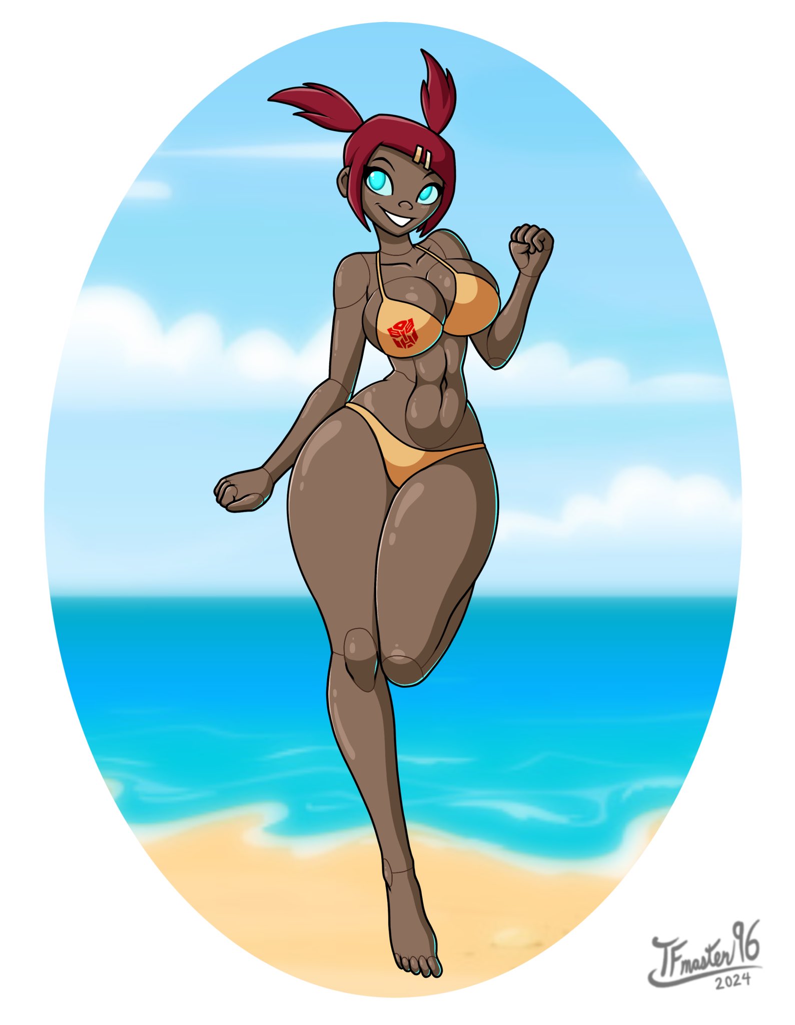 aged up, big breasts, breasts, dark skin, dark-skinned female, female, red hair, robot girl, sari sumdac, solo, tfmaster96, thick thighs, transformers, transformers animated