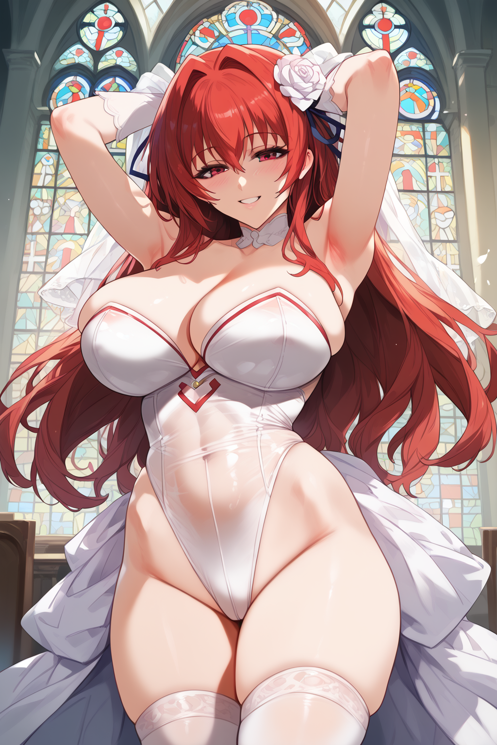 1girls 2d ai_generated big_breasts church church_interior gloves hellblueboy4 leotard long_hair naruse_mio red_hair shinmai_maou_no_testament stockings tagme thighhighs wedding_dress wedding_veil white_gloves white_leotard