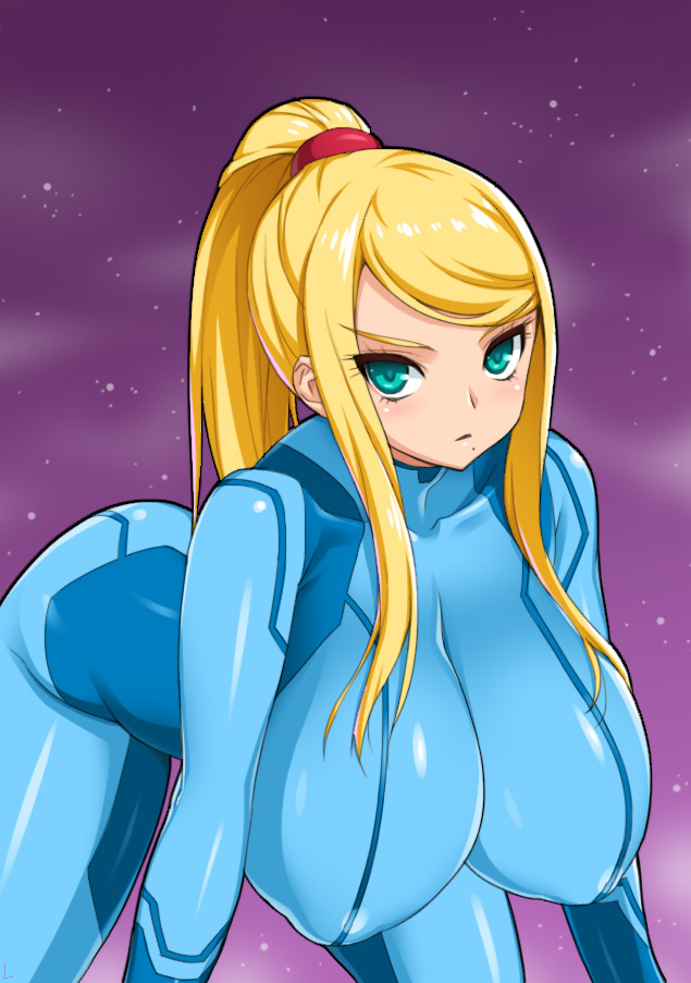 1girls, all fours, alternate breast size, aqua eyes, bangs, blonde hair, blush, bodysuit, breasts, collarbone, covered nipples, curvaceous, curvy, erect nipples, female, gradient background, hair, hanging breasts, high ponytail, huge breasts, impossible bodysuit, impossible clothes, large breasts, leaning forward, long hair, looking at viewer, metroid, mole, mole under mouth, nintendo, nipple bulge, nipples, onomeshin, parted lips, ponytail, samus aran, scrunchie, sidelocks, skin tight, solo, swept bangs, tied hair, turtleneck, zero suit, zero suit samus