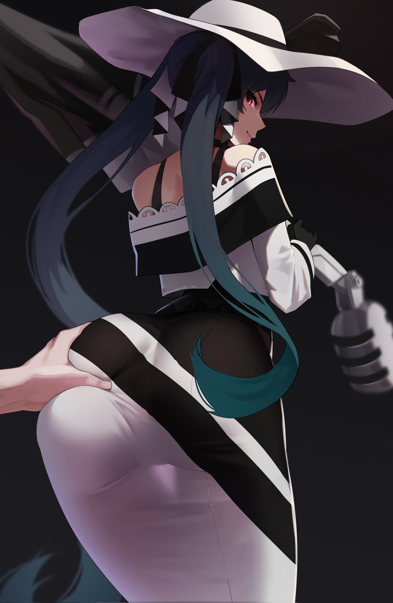 1boy, 1girl, 1girls, ass, ass focus, ass grab, bangs, bare shoulders, big ass, black background, black gloves, black hair, black ribbon, blue hair, closed mouth, clothed, dark blue hair, dress, female, from behind, gloves, gradient hair, hair ribbon, hat, hatsune miku, hatsune miku (dark-type trainer), hetero, holding, long hair, long sleeves, looking at viewer, looking back, multicolored hair, nintendo, off shoulder, off-shoulder dress, official alternate costume, pokemon, pov, project voltage, red eyes, ribbon, simple background, smile, solo focus, sun hat, twintails, very long hair, vocaloid, white dress, white headwear