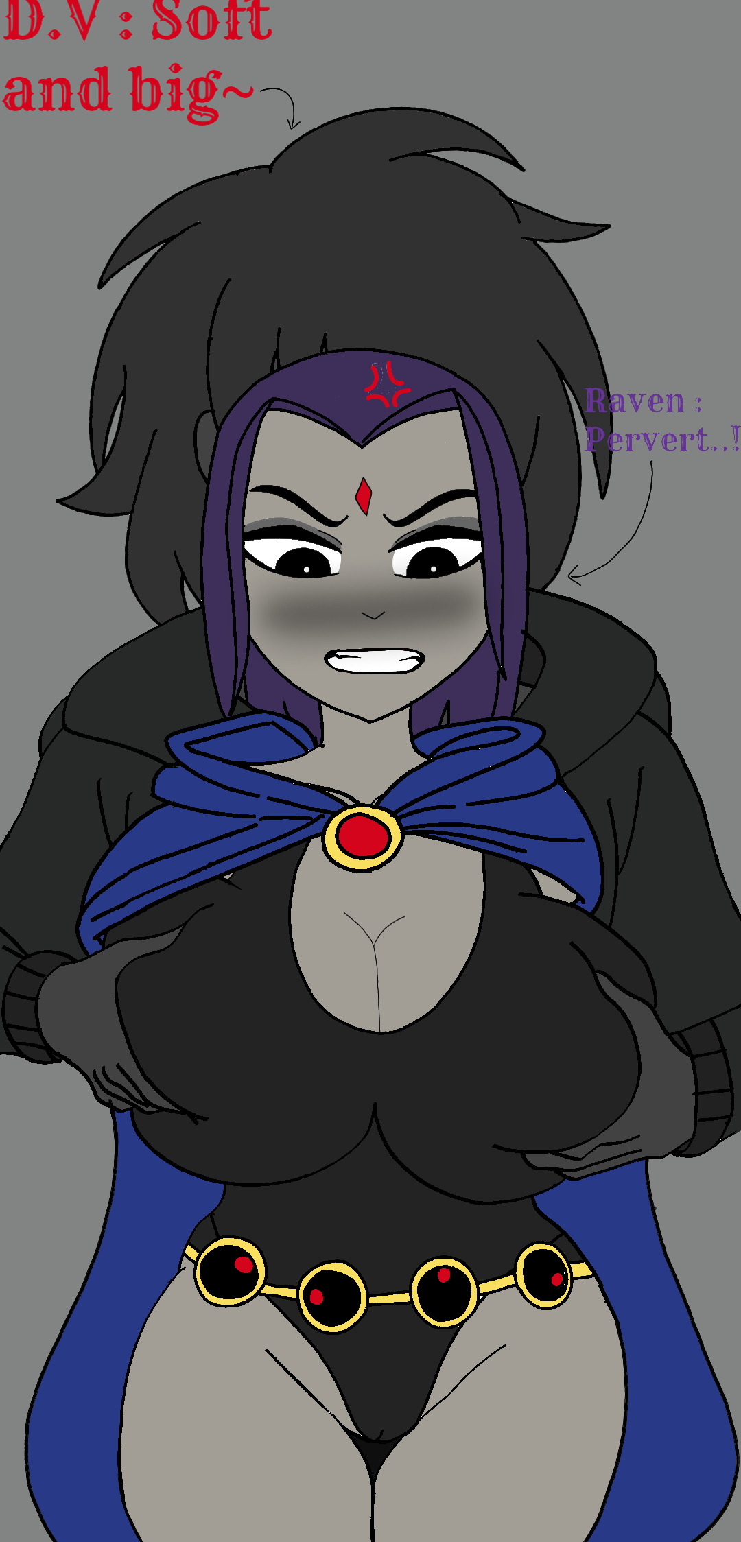 1girls alternate_breast_size angry_face big_breasts blackrimuri dc dc_comics female goth_girl grey_skin groping_from_behind oc raven_(dc) rubbing_breasts teen_titans traced traced_art