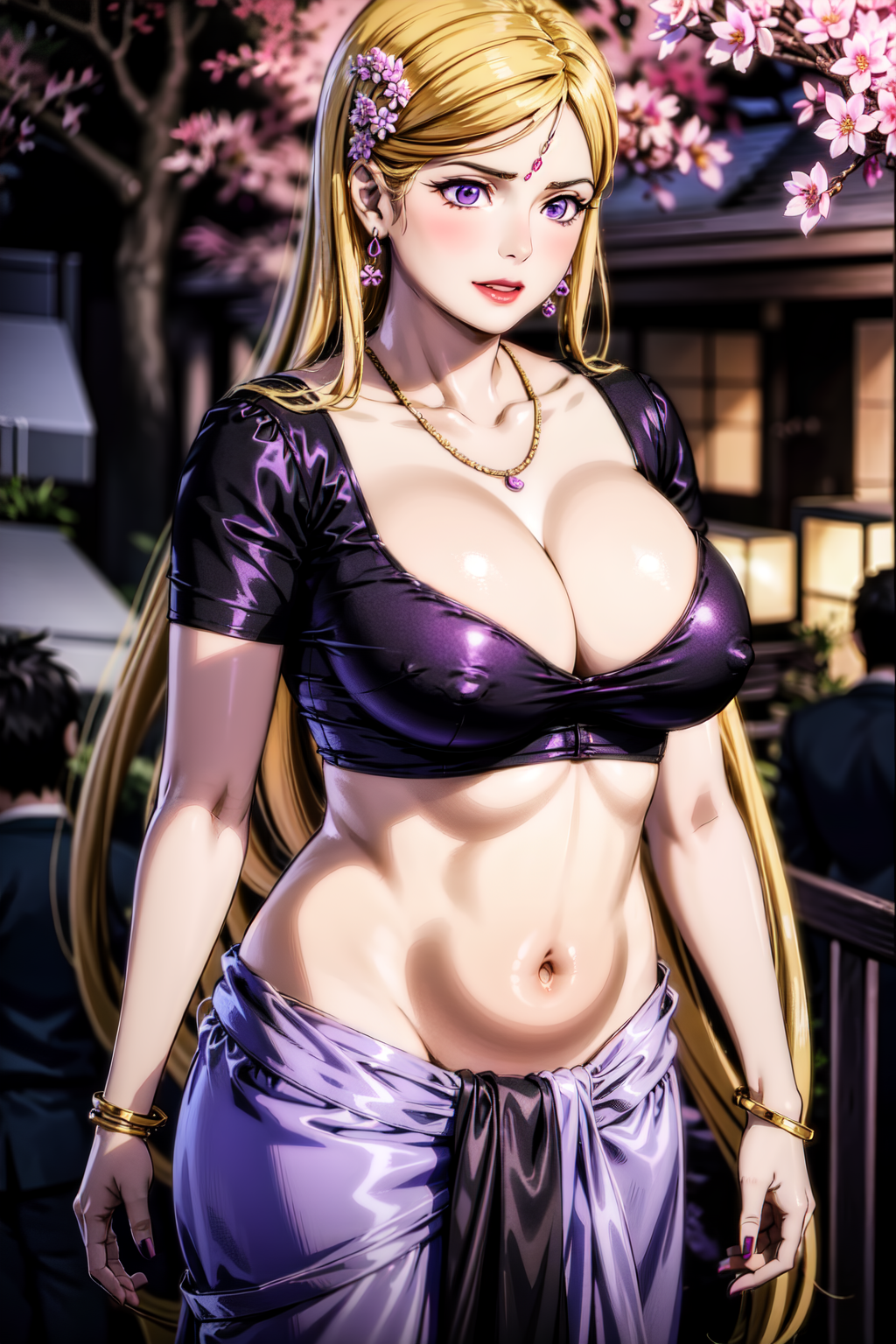 ai_generated bishamon_(noragami) blonde_hair breasts ghost141000 harem_outfit highres indian_clothes large_breasts midriff navel rrxx saree sari