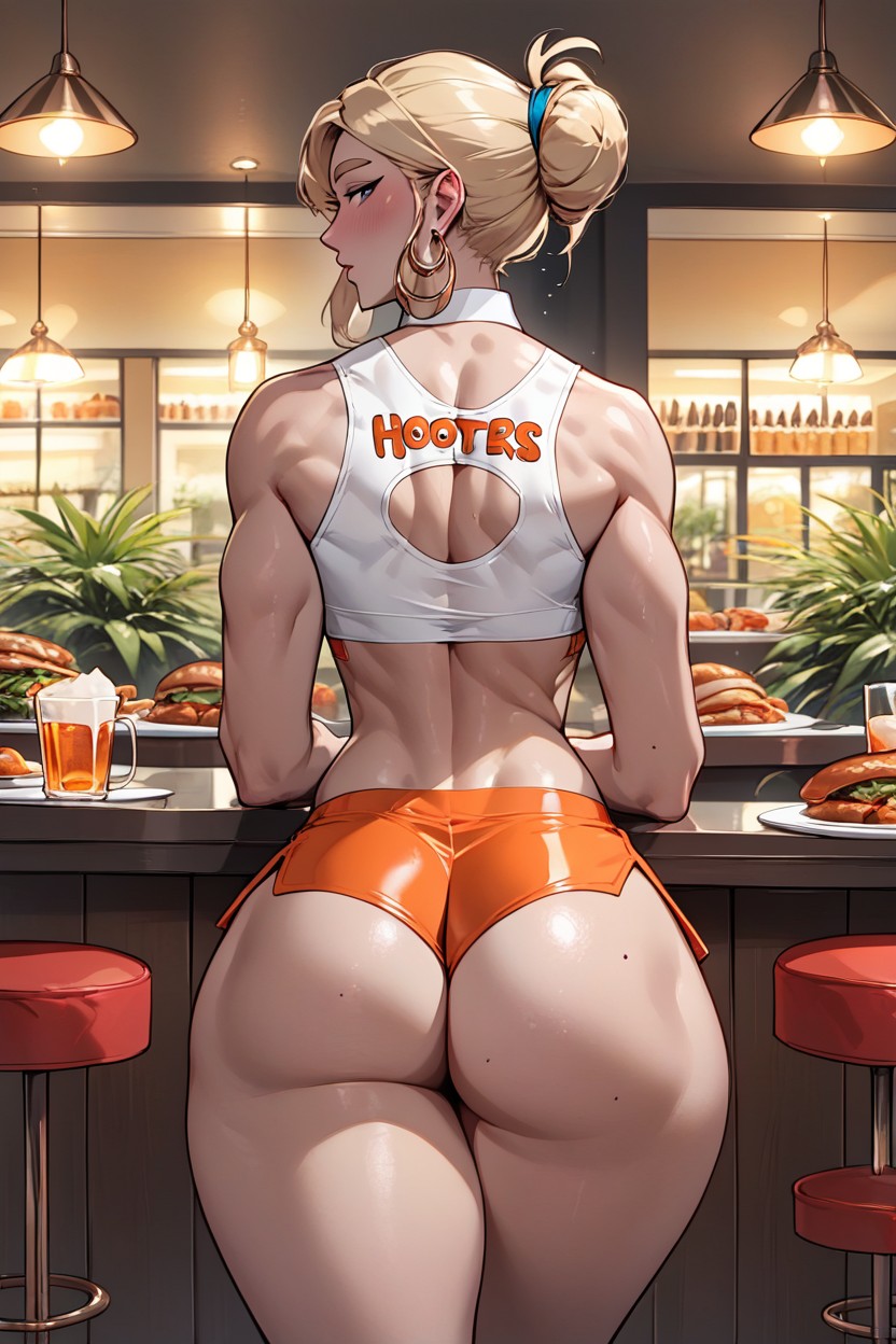 ai_generated ass ass_bigger_than_head ass_focus big_ass big_butt blonde_hair blush booty_shorts breedable bun femboy femboy_focus femboy_hooters hair_up hooters link link_(breath_of_the_wild) looking_at_viewer looking_back muscular_femboy muscular_male rcally restaurant revealing_clothes the_legend_of_zelda thick_ass thick_thighs thighs tight_clothing wide_hips