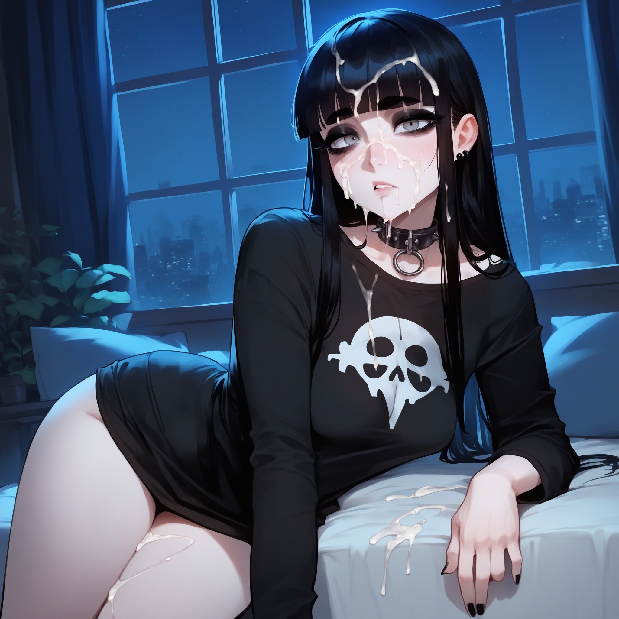 ai generated, bella (xandr), black hair, black nails, cum on face, female, goth, goth clothing, goth girl, grey eyes, original, solo, spiked collar, tagme, xandr