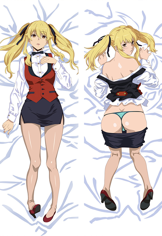 ass back bare_back bare_shoulders blonde_hair breasts brown_eyes dakimakura dakimakura_design embarrassed feet jacket kakegurui long_hair official_art open_mouth panties pointy_chin ponytails saotome_meari shiny_skin shoes skirt skirt_down thighs uniform